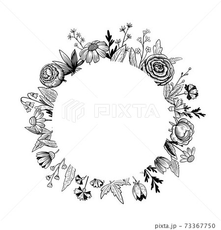 Cute round vintage floral frame. Hand drawn illustration in engraving style. Cute round vintage floral frame. Hand drawn illustration in engraving style. 73367750