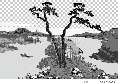 葛飾北齋圖像信州Lake訪湖黑白背景 葛飾北齋圖像信州Lake訪湖黑白背景 73370023