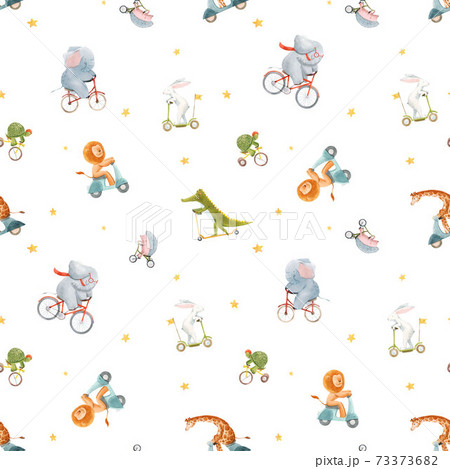 Beautiful seamless pattern for children with watercolor hand drawn cute animals on transport. Stock illustration. 73373682