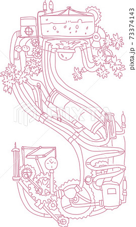 スチームパンクと桜をイメージした S という文字の線画のイラスト素材