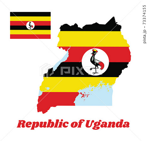 Map outline and flag of Uganda, with name text Republic of Uganda.