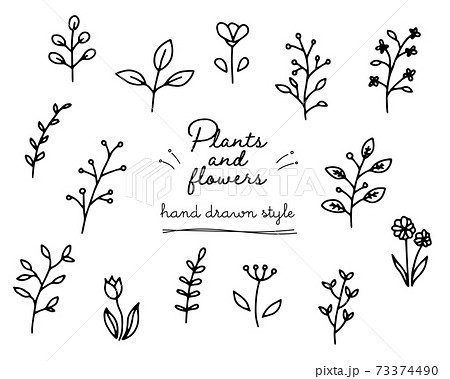 手描きの植物のイラストのセット 葉 花 シンプル 素材 おしゃれ 葉っぱのイラスト素材