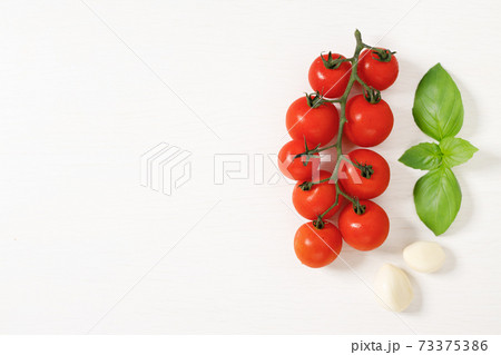 fresh red tomatoes with basil on white wooden table. fresh red tomatoes with basil on white wooden table. 73375386