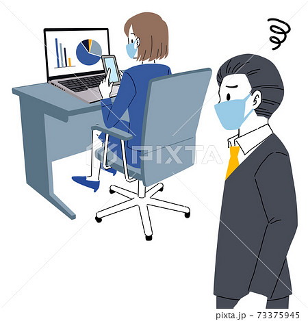 仕事中、スマホをさわる新入社員と呆れる上司のイラスト 73375945