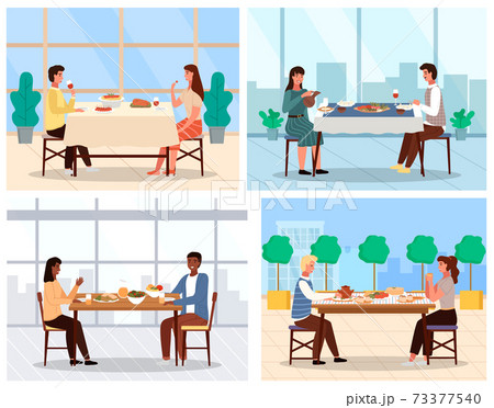 Set of illustrations on the topic of couple dine on traditional dishes from different countries Set of illustrations on the topic of couple dine on traditional dishes from different countries 73377540