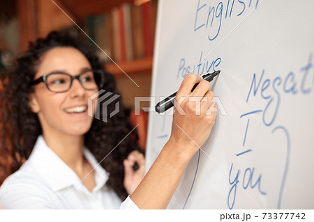 Smiling English teacher writing at whiteboard, explaining rules 73377742