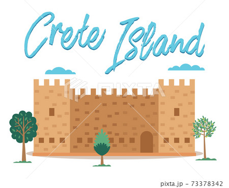 Crete island invitation card vector illustration. Medieval fortress with towers surrounded by trees 73378342