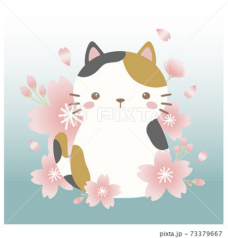 三毛猫と桜のイラスト素材