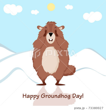 Happy Groundhog Day. Design with cute groundhog character who closes his eyes. Happy Groundhog Day. Design with cute groundhog character who closes his eyes. 73380027