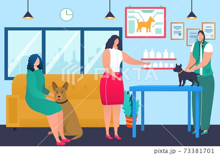 Veterinary clinic concept, doctor veterinarian care about dog pet, vector illustration. Cartoon person character at hospital vet examination. 73381701