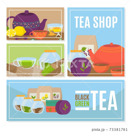 Tea cup at shop banner, vector illustration. Graphic mug with drink, vintage cafe poster set. Teapot with aroma herbal beverage collection Tea cup at shop banner, vector illustration. Graphic mug with drink, vintage cafe poster set. Teapot with aroma herbal beverage collection 73381761