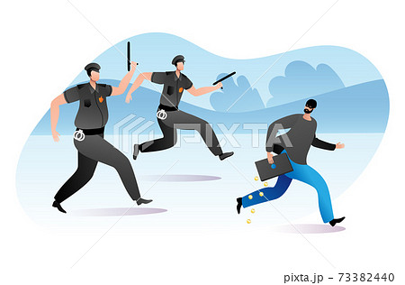 Officer policeman male character running pursue felon with stolen stuff, steal money cash flat vector illustration, isolated on white. 73382440