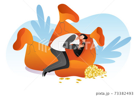 Rich young man lying on bag pile gold coin, people character relaxing squander money cartoon vector illustration, isolated on white. 73382493