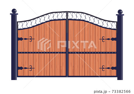 Wooden protect gates with metal plating, protective timber entrance gateway fence flat vector illustration, isolated on white. 73382566