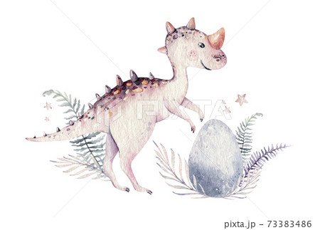 Cute cartoon baby dinosaurs collection watercolor illustration, hand painted dino isolated on a white background for nursery poster decoration. Rex children funny art 73383486