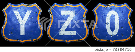Set of Public road signs in blue and orange color with a capitol white letters Y, Z and number 0 in the center isolated black background. 3d 73384716