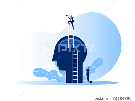 Businessman vision with binoculars for opportunities on head human for target further 73384890