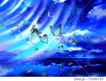 美しい夜空が水面に反射し青い蝶々が舞う不思議な風景画のイラスト素材