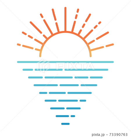 Sunrise sunset over the sea ocean, rays of light reflected from the water, vector sun sea minimalist 73390763