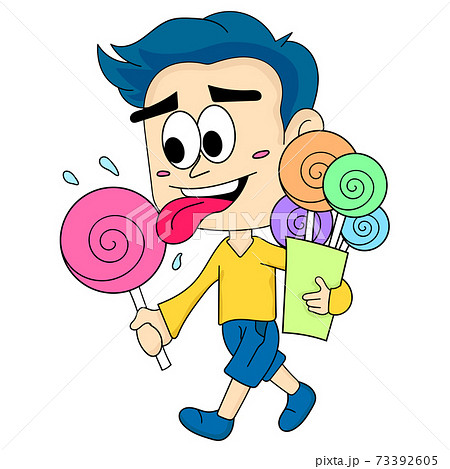 a man is walking with a bag of candy lollipops 73392605