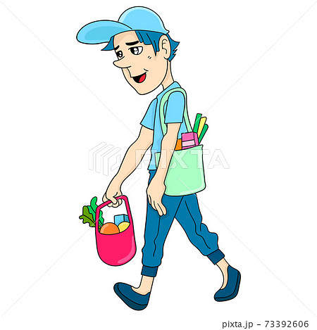 a man is walking with a shopping bag from the market 73392606
