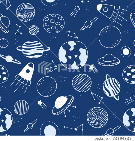 Vector seamless pattern on galaxy theme, space elements doodle on dark blue background, hand drawn planets Vector seamless pattern on galaxy theme, space elements doodle on dark blue background, hand drawn planets 73394335