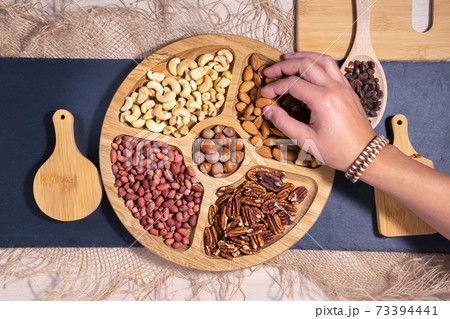 Mix of nuts top view. Walnuts, cashew, almond, pecan, hazelnut, peanuts Healthy various super food selection 73394441