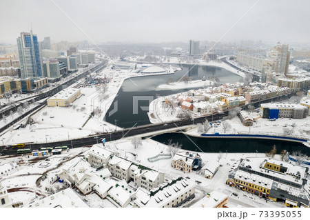Snow-covered city center of Minsk from a height. The upper city. Belarus 73395055