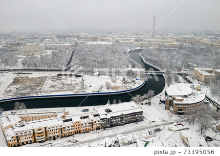 Snow-covered city center of Minsk from a height. The upper city. Belarus 73395056