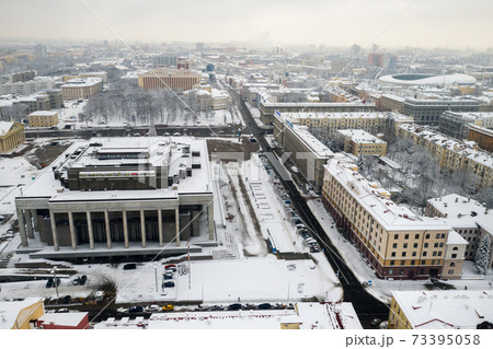 Snow-covered city center of Minsk from a height. The upper city. Belarus 73395058