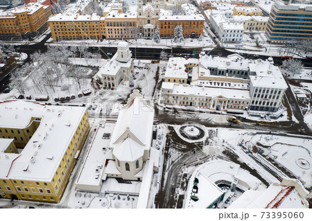 Snow-covered city center of Minsk from a height. The upper city. Belarus 73395060