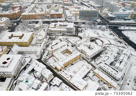 Snow-covered city center of Minsk from a height. The upper city. Belarus 73395062