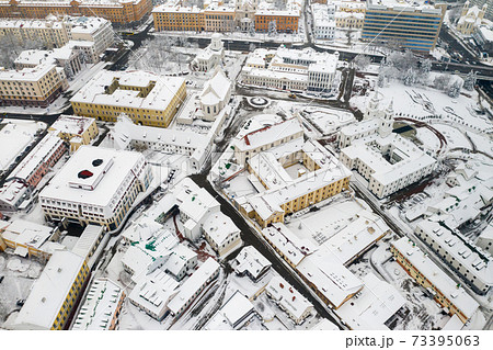 Snow-covered city center of Minsk from a height. The upper city. Belarus 73395063