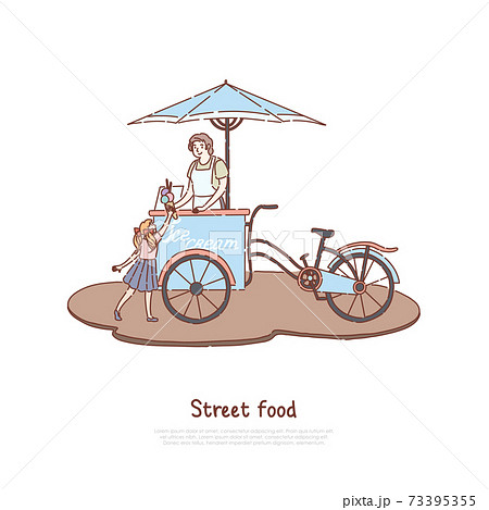 Woman in apron selling sweet dessert, vendor and little child, delicious dairy, summer refreshment, street food banner Woman in apron selling sweet dessert, vendor and little child, delicious dairy, summer refreshment, street food banner 73395355