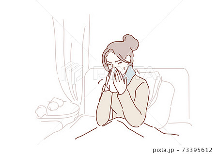Ill young woman caught cold sneezing in tissue at home , sick allergic girl blowing wiping running nose got flu rhinitis sinusitis coughing, having seasonal allergy symptoms at workplace in bed at Ill young woman caught cold sneezing in tissue at home , sick allergic girl blowing wiping running nose got flu rhinitis sinusitis coughing, having seasonal allergy symptoms at workplace in bed at 73395612