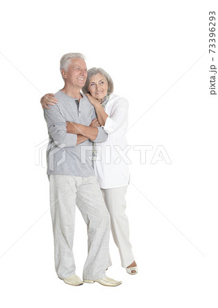Senior couple hugging isolated on white background, full length 73396293