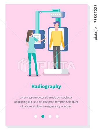 Radiography vector illustration. Website template, landing page. A girl makes fluorography to a man Radiography vector illustration. Website template, landing page. A girl makes fluorography to a man 73397028
