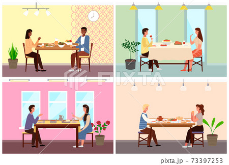 Set of illustrations on the topic of couple dine on traditional dishes from different countries 73397253