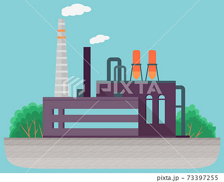 Thermal power station for production of electrical energy with chimneys industrial buildings 73397255