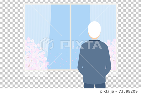 Elderly man looking at the cherry blossoms in full bloom from the window Elderly man looking at the cherry blossoms in full bloom from the window 73399209