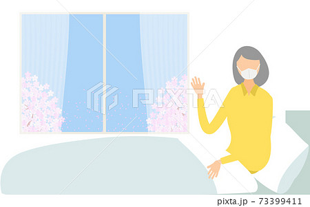 ベッドで体を起こす入院患者の女性のイラスト素材