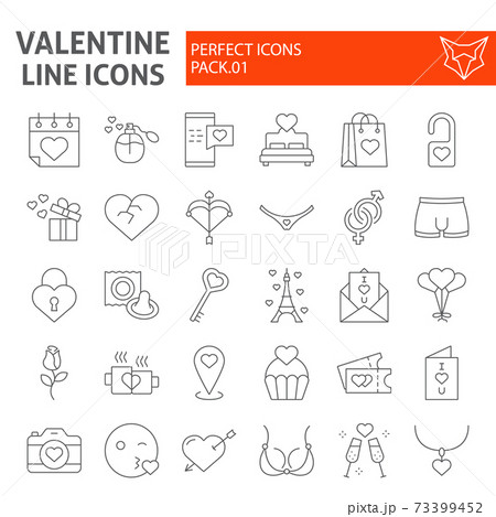 Valentines day thin line icon set, romantic symbols collection, vector sketches, logo illustrations, love signs linear pictograms package isolated on white background. 73399452