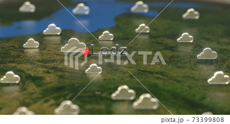 Lodz city and cloudy weather icon on the map, weather forecast related 3D rendering Lodz city and cloudy weather icon on the map, weather forecast related 3D rendering 73399808