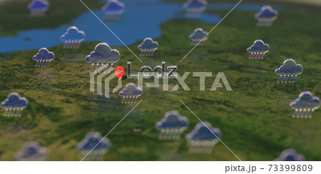 Lodz city and rainy weather icon on the map, weather forecast related 3D rendering 73399809