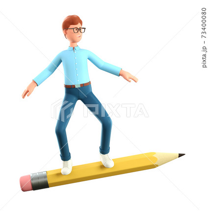 3D illustration of smiling creative man standing on big pencil like skateboarder and flying in air. 73400080