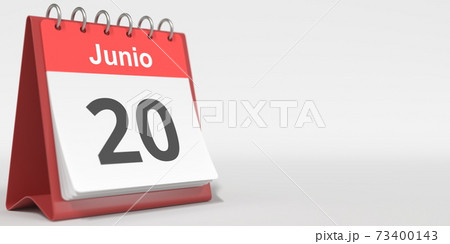 June 20 date written in Spanish on the flip calendar, 3d rendering June 20 date written in Spanish on the flip calendar, 3d rendering 73400143