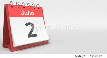 July 2 date written in Spanish on the flip calendar, 3d rendering July 2 date written in Spanish on the flip calendar, 3d rendering 73400149