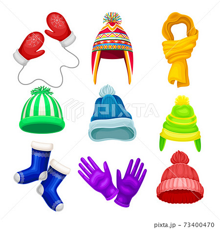 Warm Winter Clothes with Hat, Socks and Scarf Vector Set 73400470