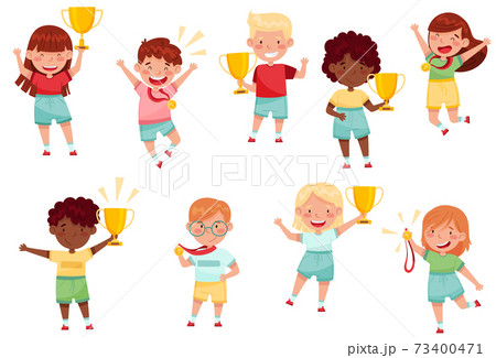 Cute Little Boy and Girl with Gold Medal and Cup as Achievement Award Vector Set 73400471