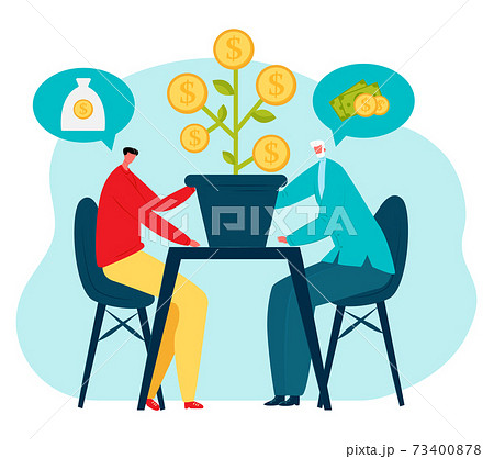 Business negotiation, character male sitting communicate dialogue, money tree with money gold coin flat vector illustration, isolated on white. 73400878